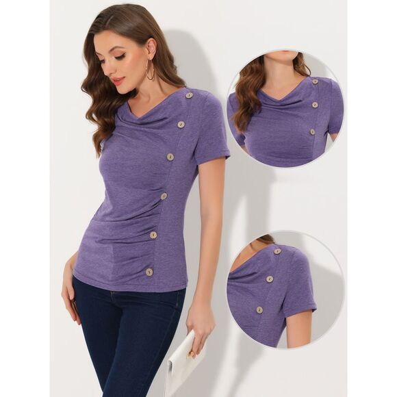Cowl Neck Women's Short Sleeve Button Decor Ruched Casual Basic T-Shirt Purple - Picture 2 of 6